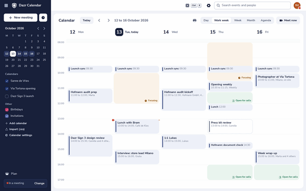 A work week in Dazr Calendar with focus time and hours open for calls