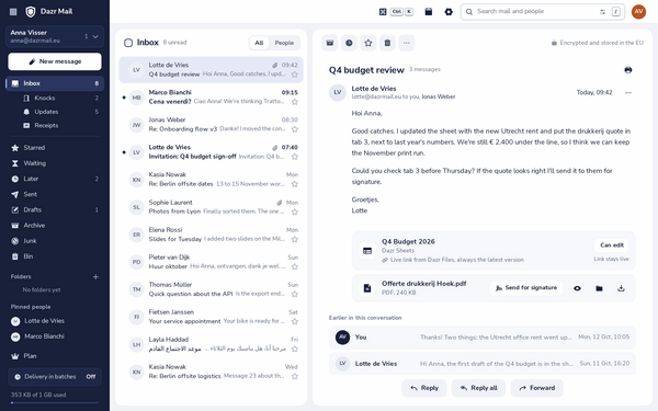Dazr Mail with a conversation open: a budget review with a live spreadsheet from Dazr Files and a PDF ready to send for signature